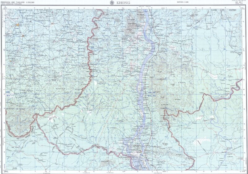 Carte au 250 millième du bas bassin du Mékong laotien, avec au nord Champassak