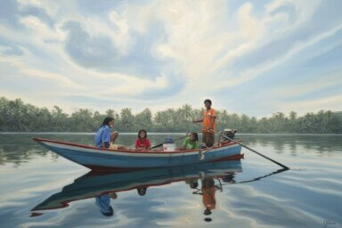 Famille de pêcheur dans l'estuaire de la Ta Tai