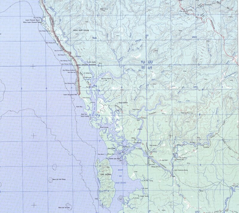 Carte de la côte de Koh Kong, avec au nord les Cardamomes, et au sud l'île de Koh Kong